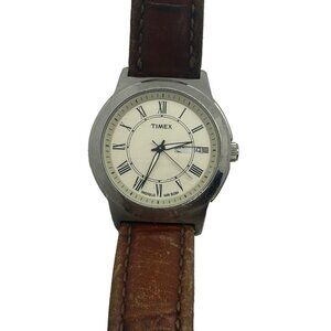 Timex Indiglo Bank Street Men’s Watch Brown Leather Band Roman Numerals Day Date